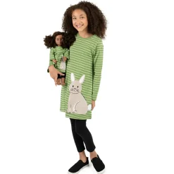 Girl & Matching Doll Set - Cotton Green & White Striped Easter Bunny Dress