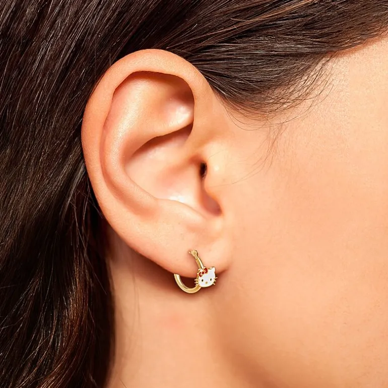 Girls 14K Gold 12.9mm Hello Kitty Hoop Earrings