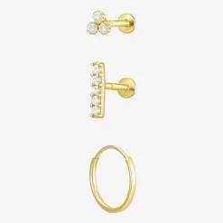 Gold Addiction Womens Cubic Zirconia 10K Gold 3 Pair Earring Set