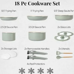 Gotham Steel Ceramic 18-pc. Non-Stick Cookware Set with Detachable Handles