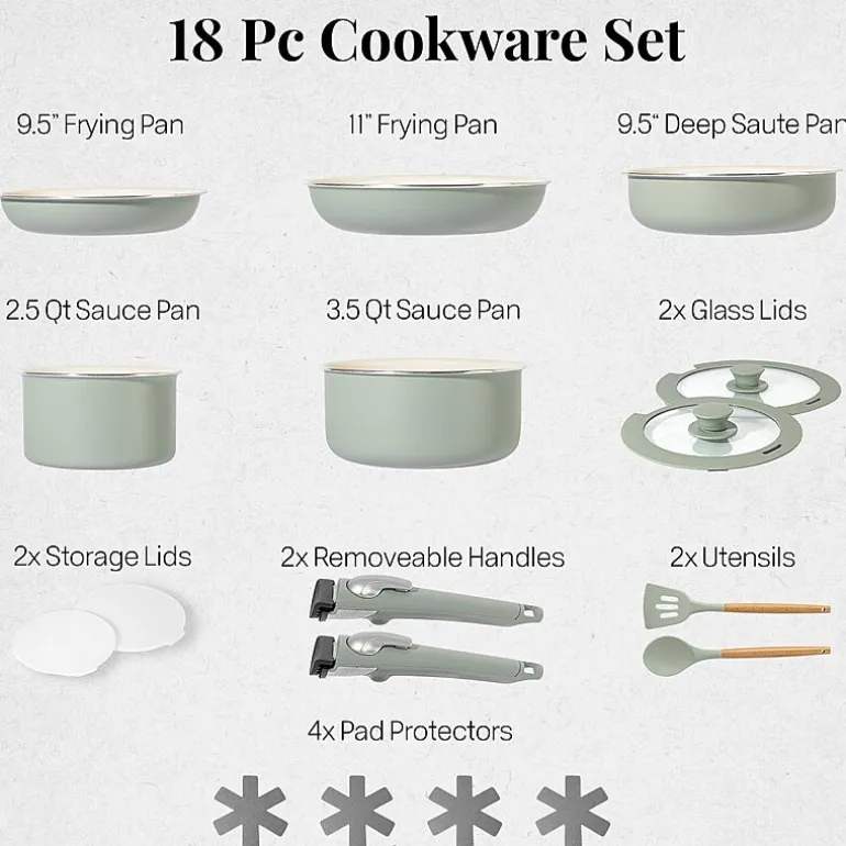 Gotham Steel Ceramic 18-pc. Non-Stick Cookware Set with Detachable Handles