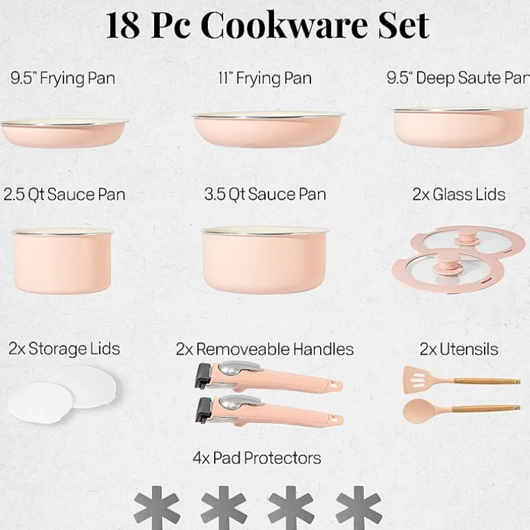 Gotham Steel Ceramic 18-pc. Non-Stick Cookware Set with Detachable Handles
