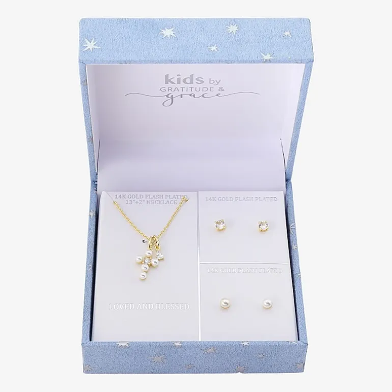 Gratitude & Grace Girls Glass 14K Gold Over Brass Cross 3-pc. Jewelry Set