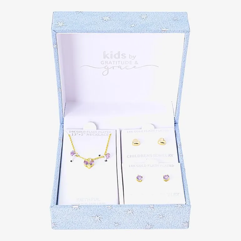 Gratitude & Grace Girls Purple Cubic Zirconia 14K Gold Over Brass Heart 3-pc. Jewelry Set