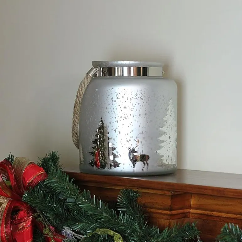 9.5'' Gray and Silver Tree Silhouette Mercury Glass Christmas Pillar Candle Holder