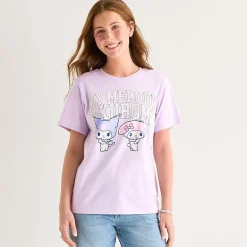 Grayson Threads, The Label Womens Juniors Crew Neck Short Sleeve Loose Fit Kuromi My Melody Graphic T-Shirt