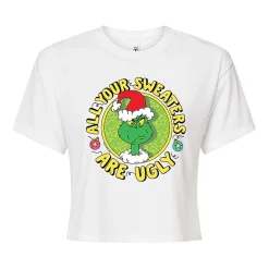Grinch Ugly Cropped Womens Juniors Crew Neck Short Sleeve Regular Fit Dr. Seuss Graphic T-Shirt
