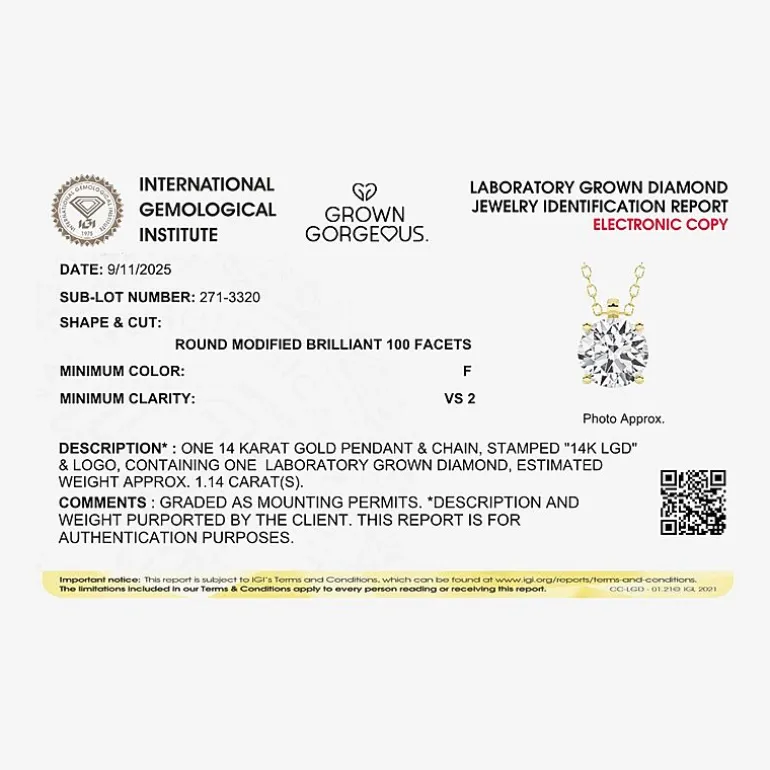 Grown Gorgeous (F, Vs2) Womens 1 1/8 CT. T.W. Lab-Grown Diamond 14K Gold or Platinum Round 18 Inch Pendant Necklace