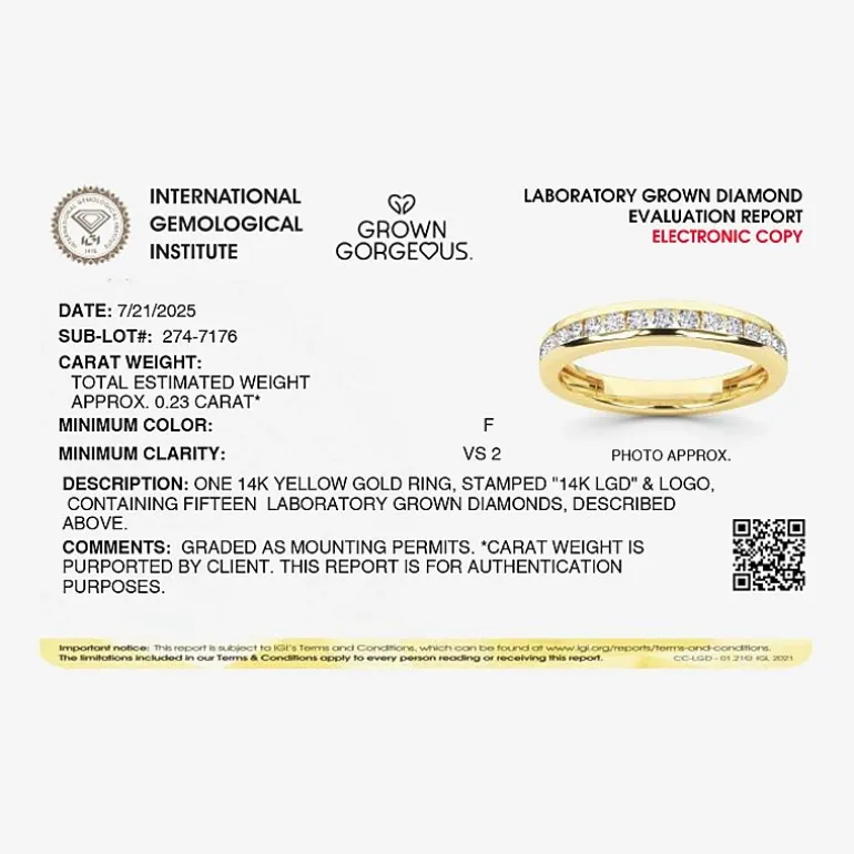 Grown Gorgeous (F,Vs2) Womens 1/4 CT. T.W. Lab Grown White Diamond 14K Gold or Platinum Wedding Band