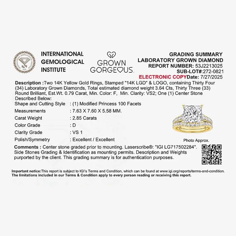 Grown Gorgeous (F, Vs2) Womens 3 5/8 Ct. T.W. Lab Grown White Diamond 14K Gold or Platinum Princess-cut Side Stone Bridal Set