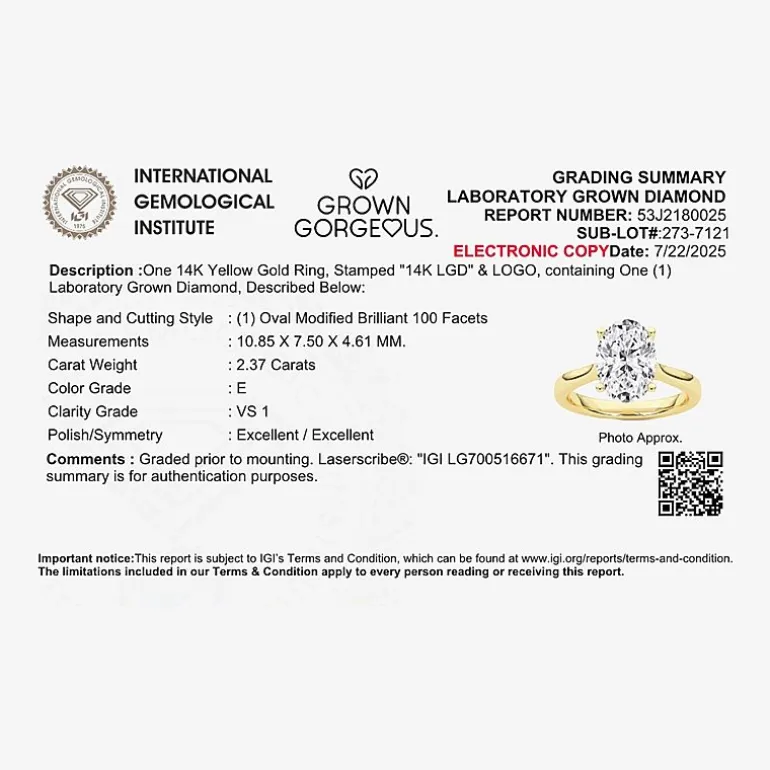 Grown Gorgeous (F, Vs2) Womens 2 1/4 CT. T.W. Lab Grown White Diamond 14K Gold or Platinum Oval Solitaire Engagement Ring