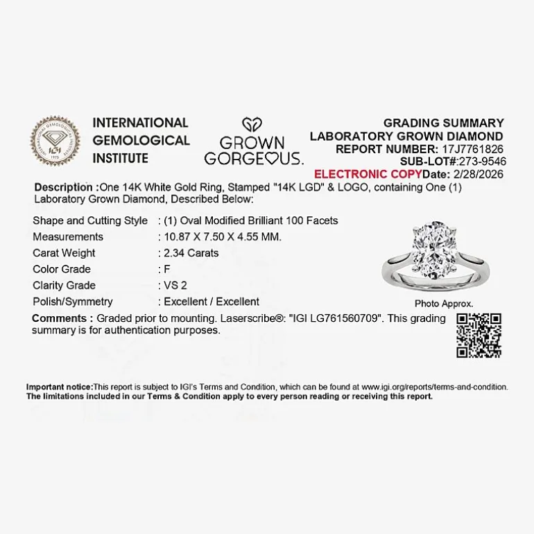 Grown Gorgeous (F, Vs2) Womens 2 1/4 CT. T.W. Lab Grown White Diamond 14K Gold or Platinum Oval Solitaire Engagement Ring