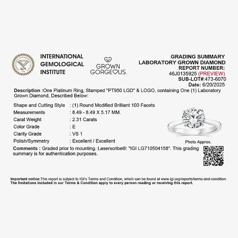 Grown Gorgeous (F,Vs2) Womens 2 1/4 CT. T.W. Lab Grown White Diamond 14K Gold or Platinum Round Solitaire Engagement Ring