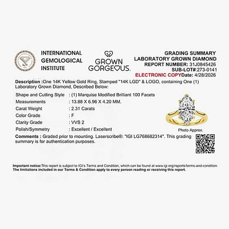 Grown Gorgeous (F / Vs2) Womens 2 1/4 CT. T.W. Lab Grown White Diamond 14K Gold Marquise Solitaire Engagement Ring