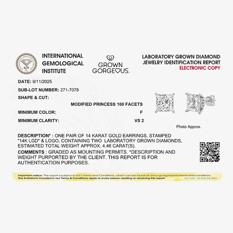 Grown Gorgeous (Vs2,F) 4 1/2 CT. T.W. Lab-Grown Diamond 14K Gold or Platinum 8.2mm Princess Stud Earrings