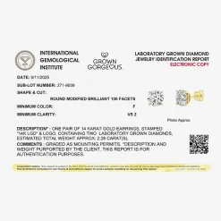 Grown Gorgeous (Vs2/F) 2 1/4 CT. T.W. Lab-Grown Diamond 14K Gold or Platinum 6.8mm Round Stud Earrings