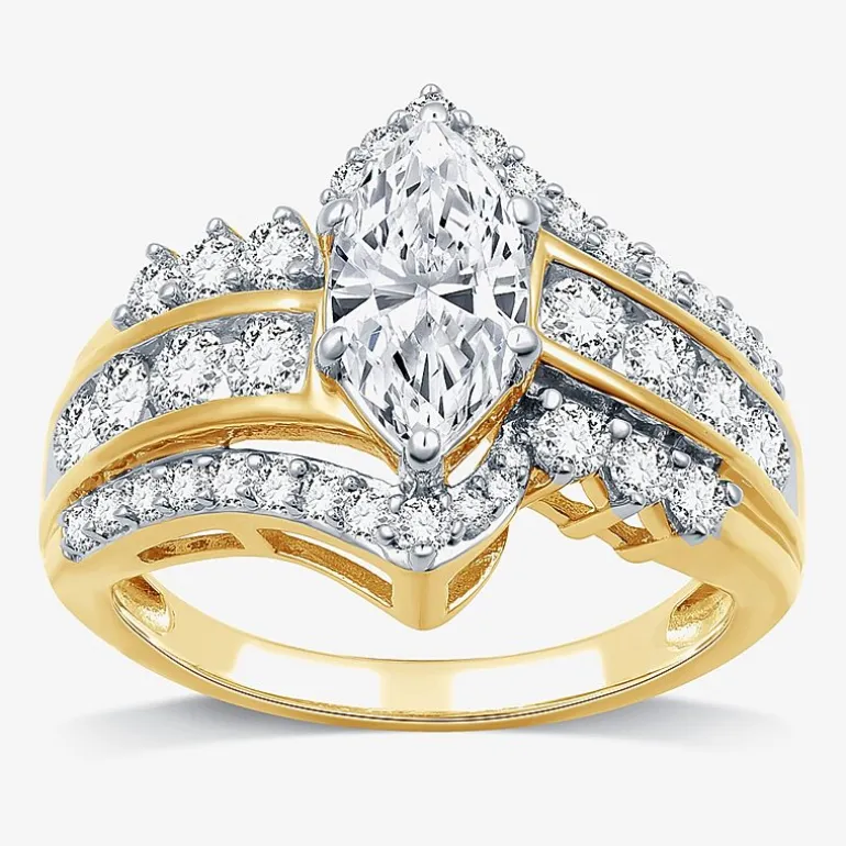 (G, Si1-Si2) Womens 2 CT. T.W. Lab Grown White Diamond 10K Gold Marquise Side Stone Cocktail Ring