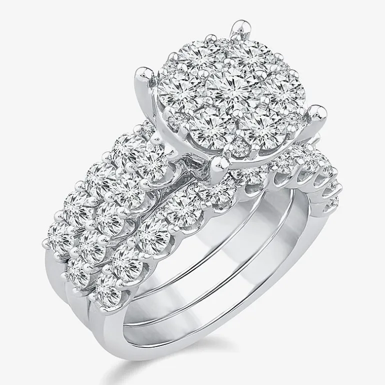 (G / Si1-Si2) Womens 4 CT. T.W. Lab Grown White Diamond 10K Gold Round Side Stone Halo Bridal Set