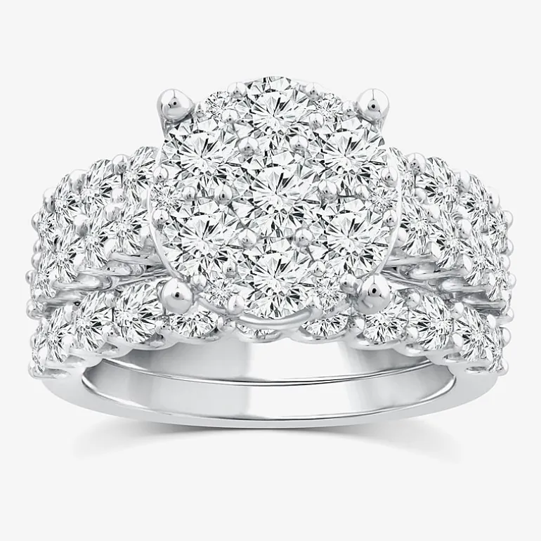 (G / Si1-Si2) Womens 4 CT. T.W. Lab Grown White Diamond 10K Gold Round Side Stone Halo Bridal Set