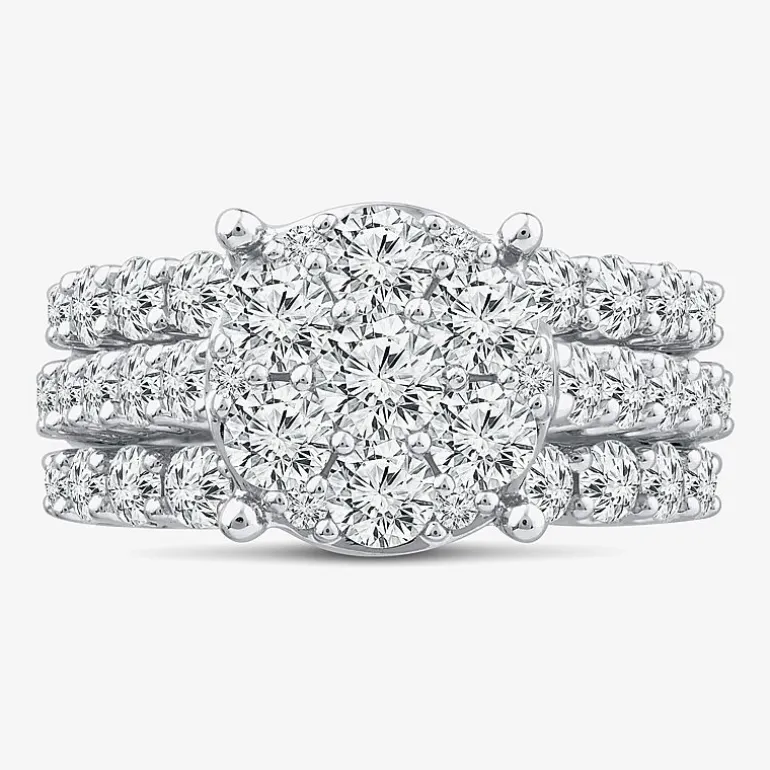 (G / Si1-Si2) Womens 4 CT. T.W. Lab Grown White Diamond 10K Gold Round Side Stone Halo Bridal Set