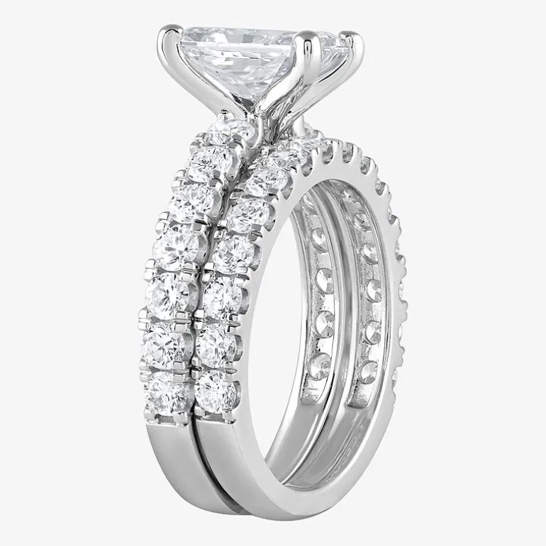 (G / Si1-Si2) Womens 4 CT. T.W. Lab Grown White Diamond Sterling Silver Rectangular Side Stone Bridal Set