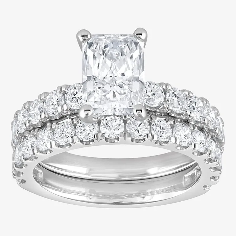 (G / Si1-Si2) Womens 4 CT. T.W. Lab Grown White Diamond Sterling Silver Rectangular Side Stone Bridal Set