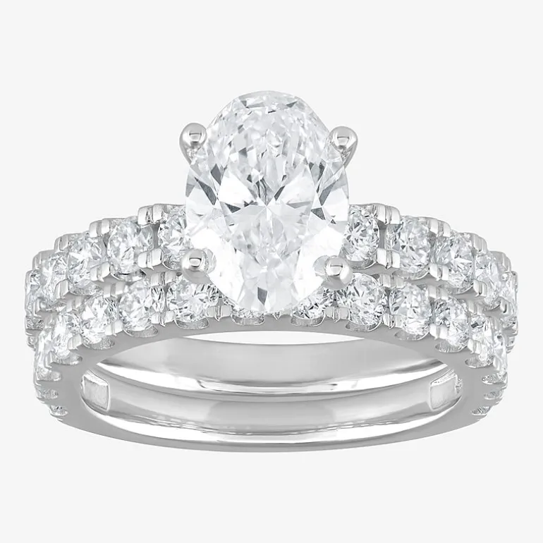 (G / Si1-Si2) Womens 4 CT. T.W. Lab Grown White Diamond Sterling Silver Oval Side Stone Bridal Set