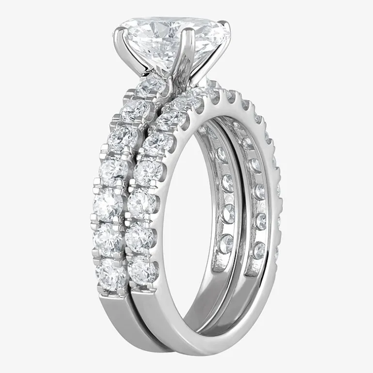 (G / Si1-Si2) Womens 4 CT. T.W. Lab Grown White Diamond Sterling Silver Oval Side Stone Bridal Set