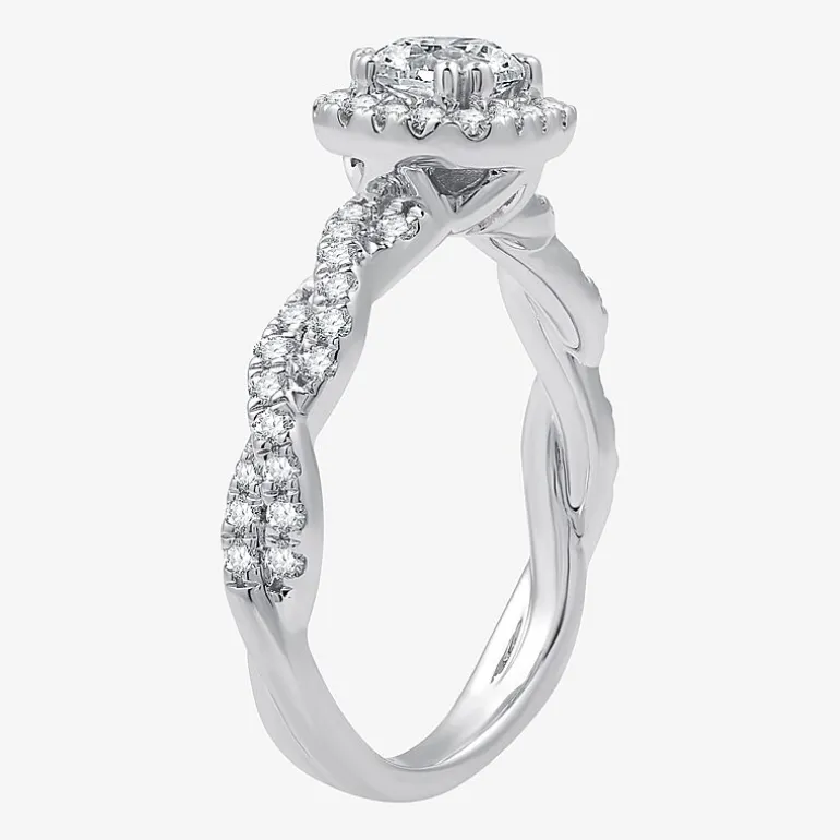 (G / Si1-Si2) Womens 1 CT. T.W. Lab Grown White Diamond 10K Gold Cushion Side Stone Halo Engagement Ring