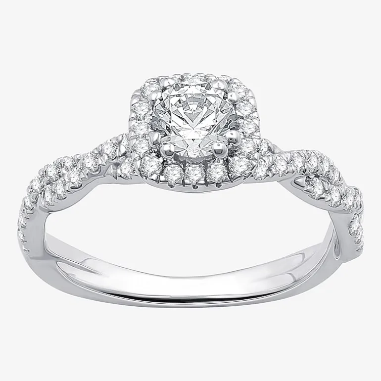 (G / Si1-Si2) Womens 1 CT. T.W. Lab Grown White Diamond 10K Gold Cushion Side Stone Halo Engagement Ring