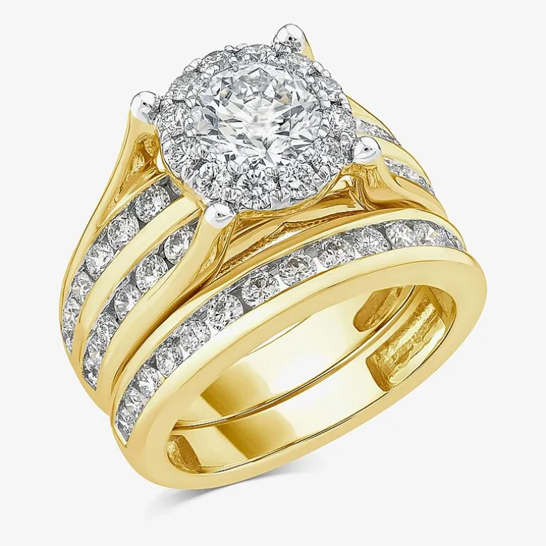 (G / Si1-Si2) Womens 3 CT. T.W. Lab Grown White Diamond 10K Gold Round Side Stone Halo Bridal Set