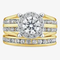 (G / Si1-Si2) Womens 3 CT. T.W. Lab Grown White Diamond 10K Gold Round Side Stone Halo Bridal Set