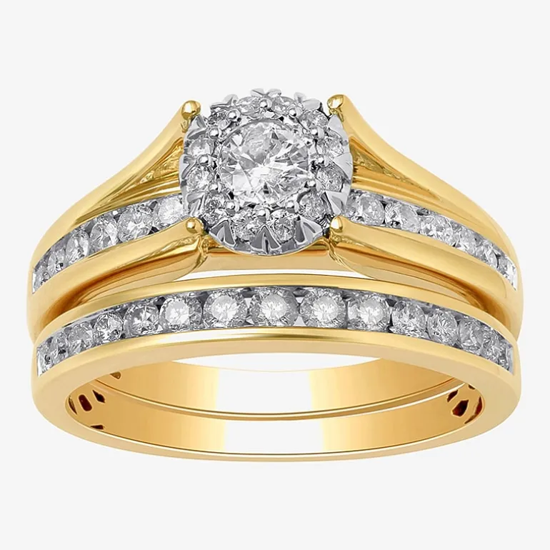 (G, Si2) Womens 1 CT. T.W. Lab Grown White Diamond 10K Gold Round Side Stone Halo Bridal Set