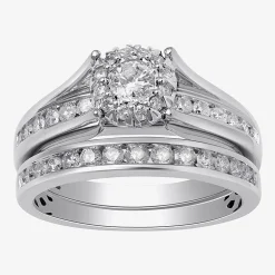 (G, Si2) Womens 1 CT. T.W. Lab Grown White Diamond 10K Gold Round Side Stone Halo Bridal Set