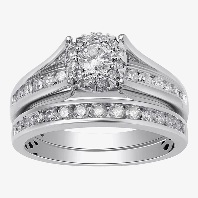 (G, Si2) Womens 1 CT. T.W. Lab Grown White Diamond 10K Gold Round Side Stone Halo Bridal Set