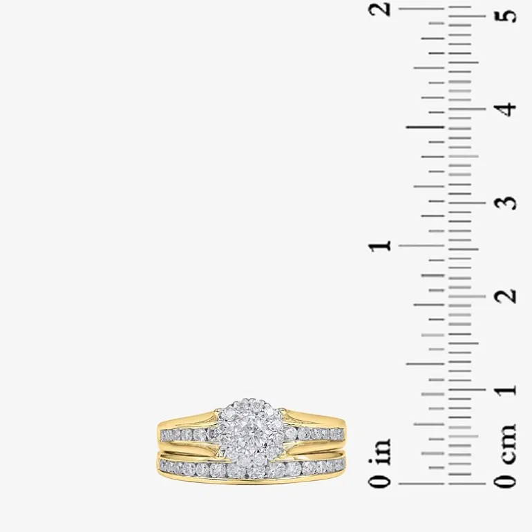 (G, Si2) Womens 1 CT. T.W. Lab Grown White Diamond 10K Gold Round Side Stone Halo Bridal Set