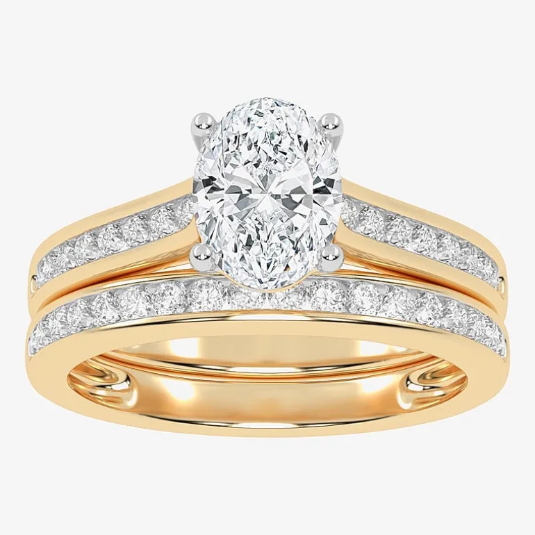 (G / Vs2-Si1) Womens 1 1/2 CT. T.W. Lab Grown White Diamond 10K Gold Oval Side Stone Bridal Set