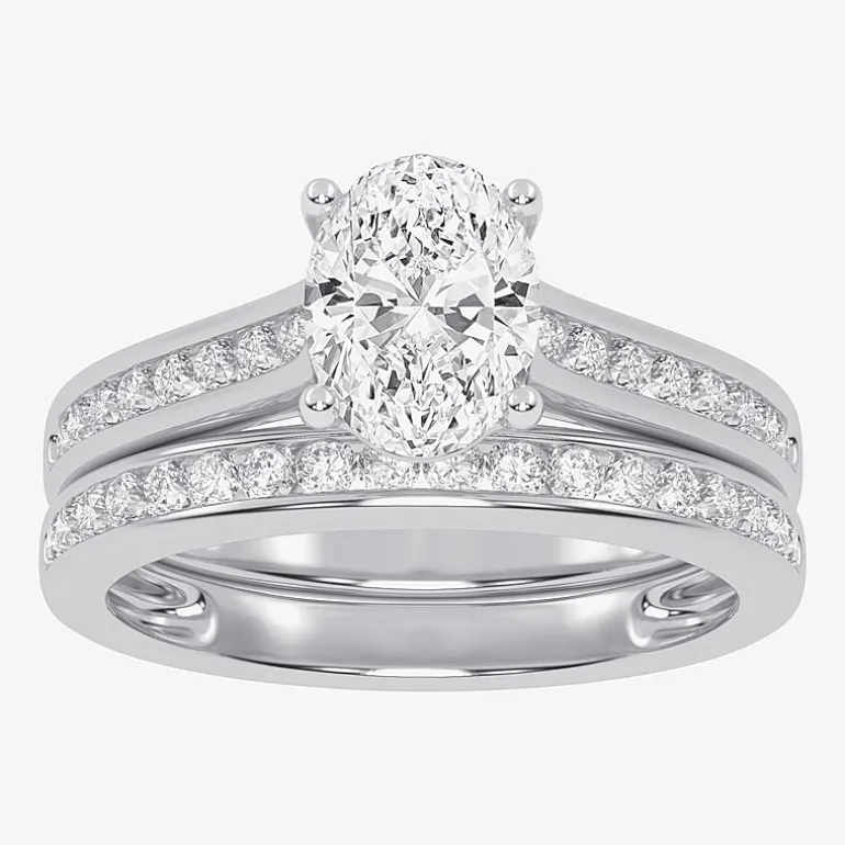 (G / Vs2-Si1) Womens 1 1/2 CT. T.W. Lab Grown White Diamond 10K Gold Oval Side Stone Bridal Set