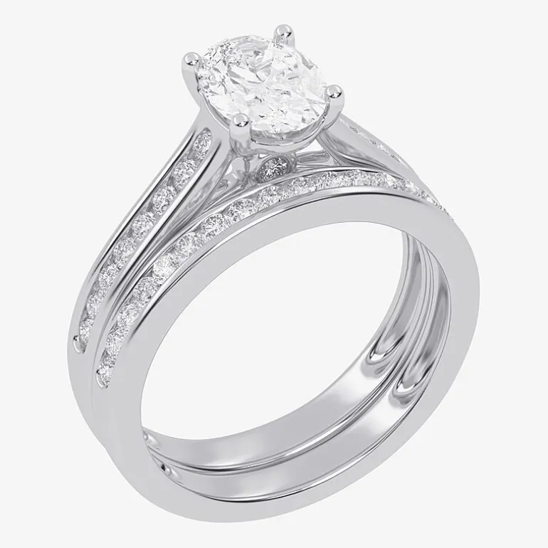 (G / Vs2-Si1) Womens 1 1/2 CT. T.W. Lab Grown White Diamond 10K Gold Oval Side Stone Bridal Set