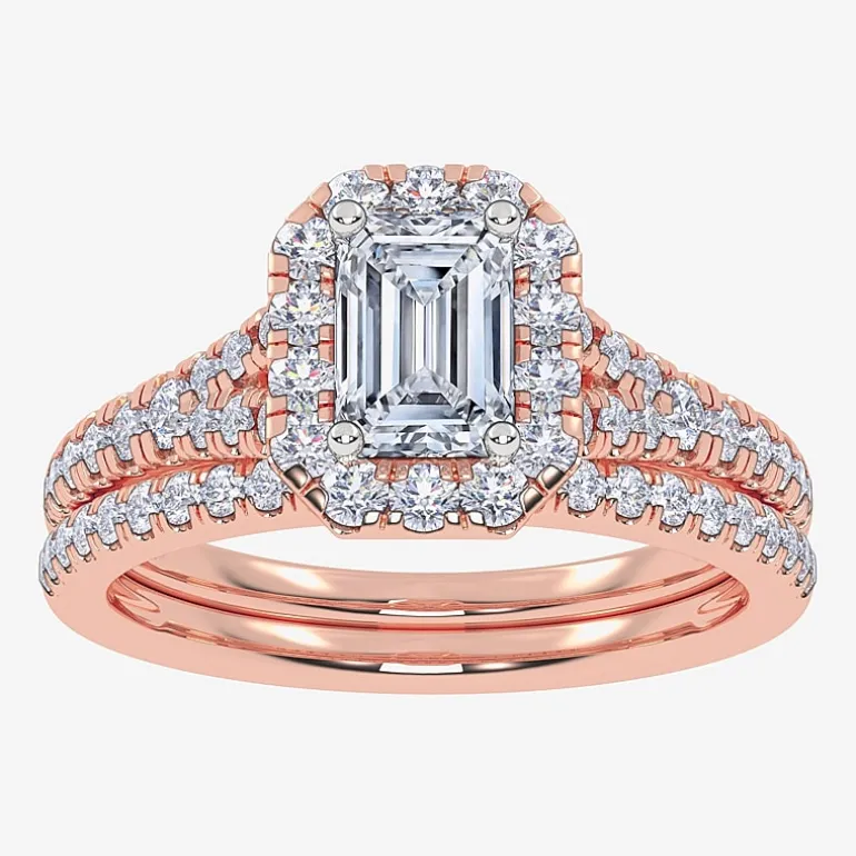 (G / Vs2-Si1) Womens 1 CT. T.W. Lab Grown White Diamond 10K Gold Side Stone Halo Bridal Set