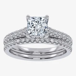 (G / Vs2-Si1) Womens 1 CT. T.W. Lab Grown White Diamond 10K Gold Rectangular Side Stone Halo Bridal Set
