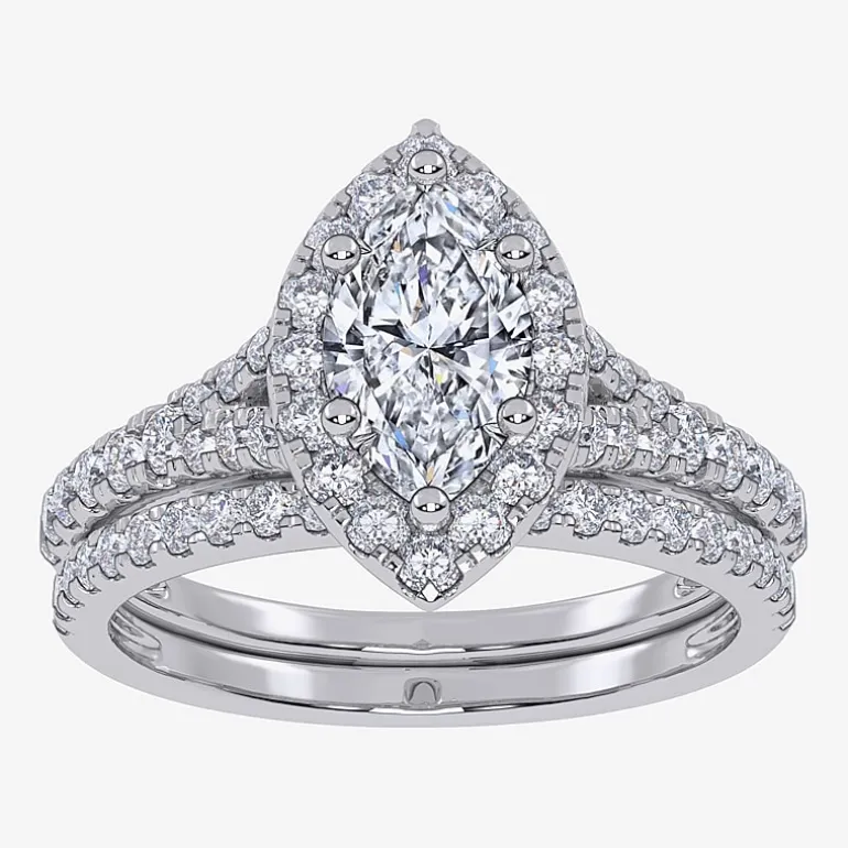 (G / Vs2-Si1) Womens 1 CT. T.W. Lab Grown White Diamond 10K Gold Marquise Side Stone Halo Bridal Set