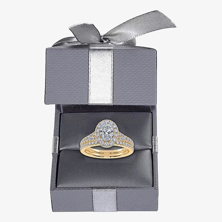 (G / Vs2-Si1) Womens 1 CT. T.W. Lab Grown White Diamond 10K Gold Oval Side Stone Halo Bridal Set