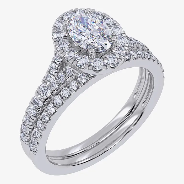 (G / Vs2-Si1) Womens 1 CT. T.W. Lab Grown White Diamond 10K Gold Oval Side Stone Halo Bridal Set
