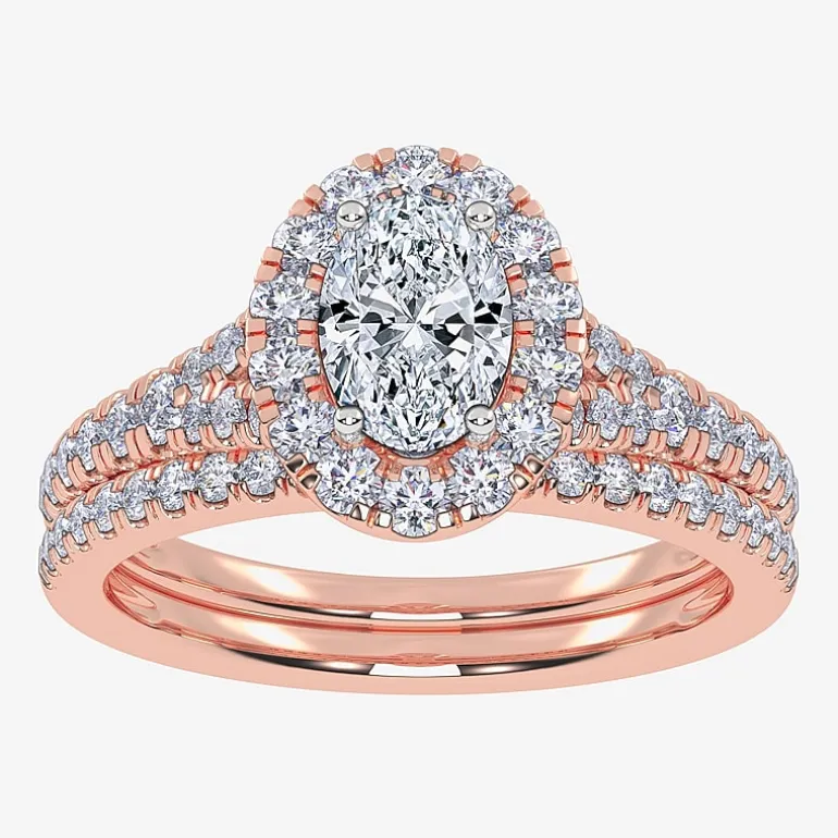 (G / Vs2-Si1) Womens 1 CT. T.W. Lab Grown White Diamond 10K Gold Oval Side Stone Halo Bridal Set
