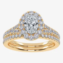 (G / Vs2-Si1) Womens 1 CT. T.W. Lab Grown White Diamond 10K Gold Oval Side Stone Halo Bridal Set