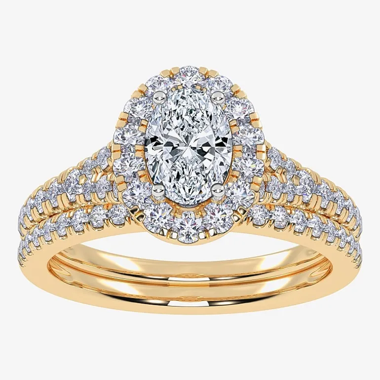 (G / Vs2-Si1) Womens 1 CT. T.W. Lab Grown White Diamond 10K Gold Oval Side Stone Halo Bridal Set