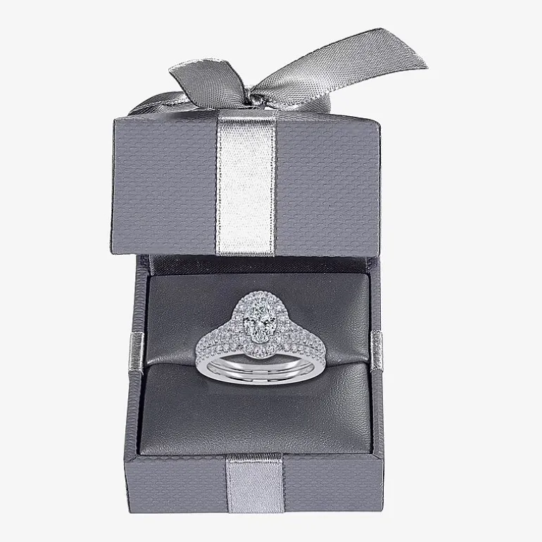 (G / Vs2-Si1) Womens 1 CT. T.W. Lab Grown White Diamond 10K Gold Oval Side Stone Halo Bridal Set
