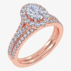 (G / Vs2-Si1) Womens 1 CT. T.W. Lab Grown White Diamond 10K Gold Oval Side Stone Halo Bridal Set