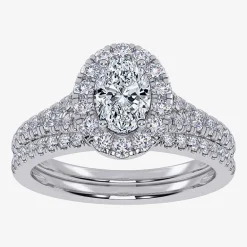 (G / Vs2-Si1) Womens 1 CT. T.W. Lab Grown White Diamond 10K Gold Oval Side Stone Halo Bridal Set